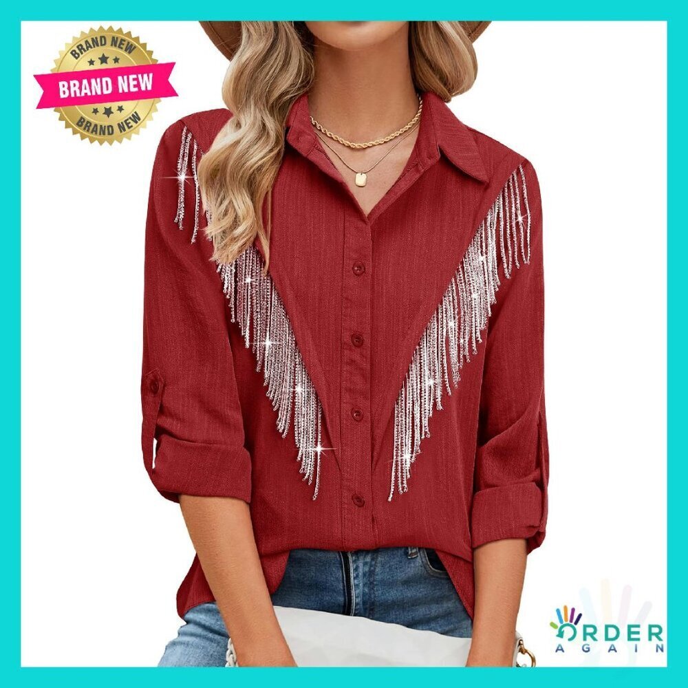 Sparkly Rhinestone Fringe Button Down Shirt Rolled 3/4 Sleeve Western Chic